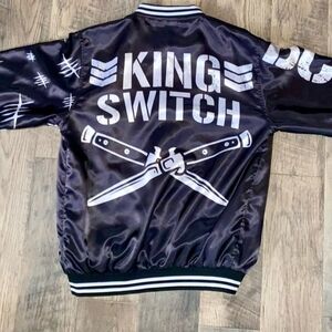 Black Satin Bomber Jacket with Graphic Print